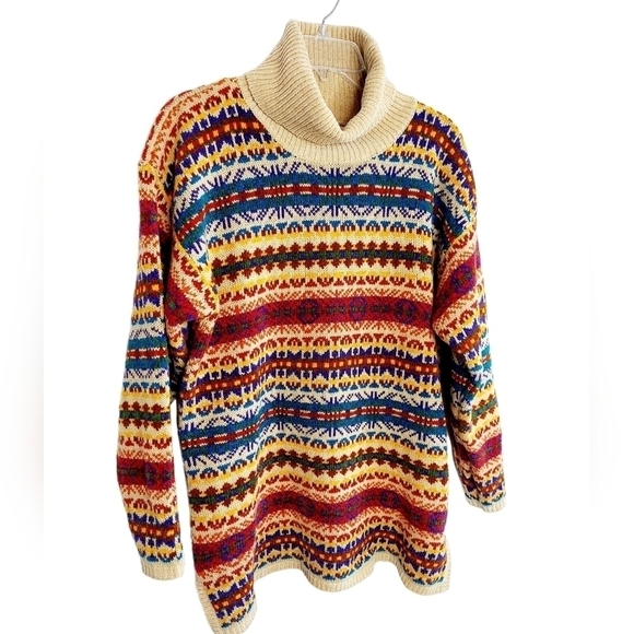 Vintage Sweater Tunic Turtleneck Medium 1990s Aztec Design Made In Hong Kong Y2K - Picture 4 of 10